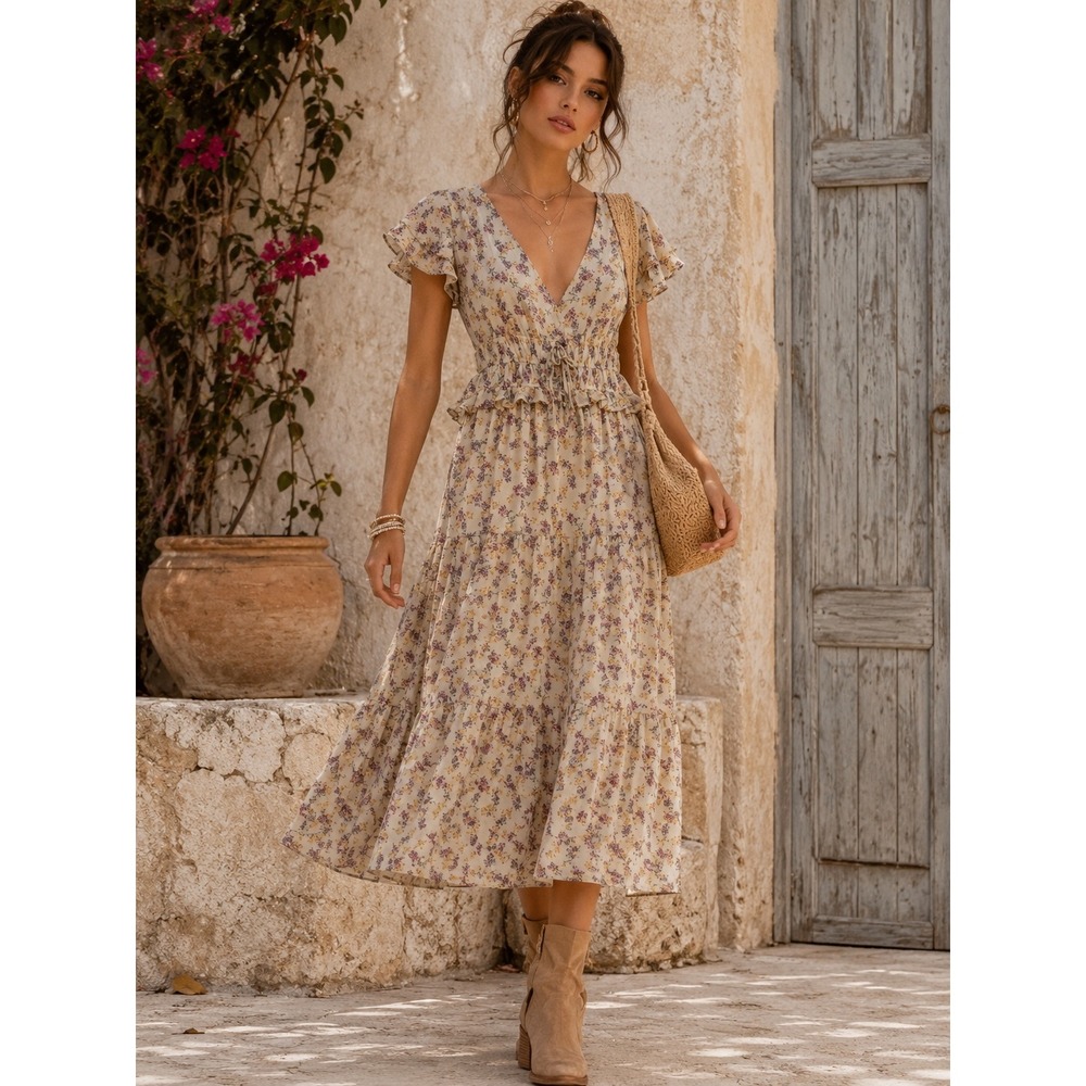 Dee Elly‎ Womens Boho Floral Tiered Midi Dress V-Neck Flutter Sleeve  S